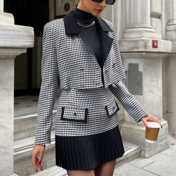 Elegant Women's Houndstooth Pattern Suit jacket & Pleated Skirt - Picture 4 of 6